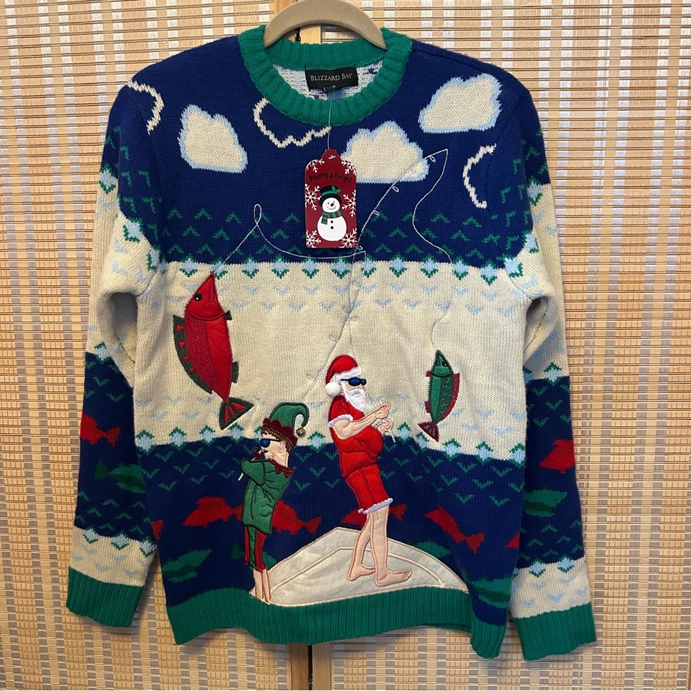 Blizzard Bay Santa Claus/Elf Fishing Ugly Christmas Sweater Size Small NWT